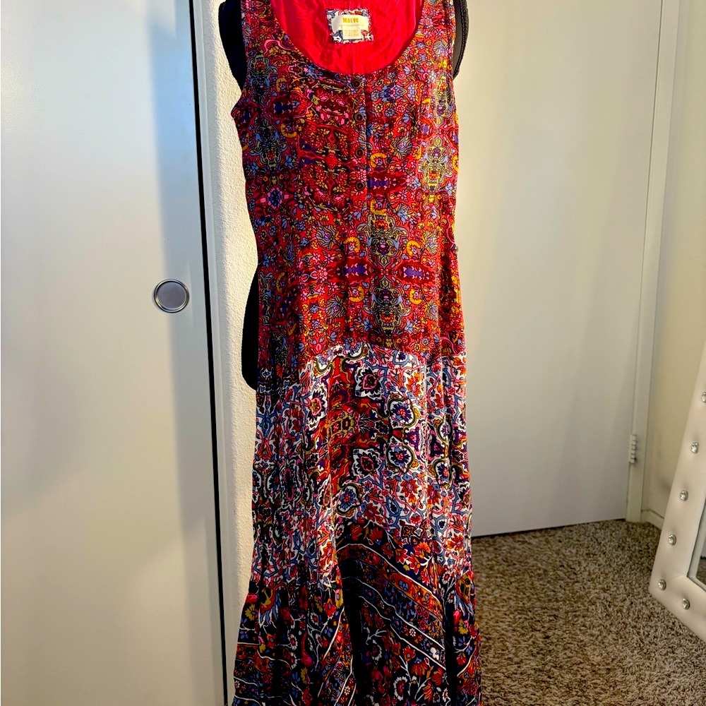 Anthropologie Red and Blue Patterned Maxi Dress